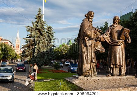 Mukacheve - Ukraine, July 26, 2009: Monument Of Saints Cyril And Methodius In Mukacheve, Transcarpat