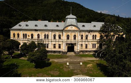 Skole, Ukraine - August 30 2018: Aerial View To Baron Groedl Neo Baroque Style Palace In Skole Early