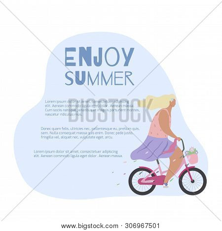 Card With Active Modern Romantic Girl On Pink Bike With Flowers In Basket With Place For Text. Moder
