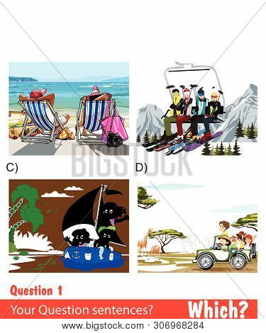 English - Sunbathing Couple, Beach, People Skiing, Cable Car, People Doing Boat Trip, People Doing S