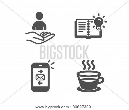 Set Of Mail, Product Knowledge And Recruitment Icons. Coffee Cup Sign. Smartphone Communication, Edu