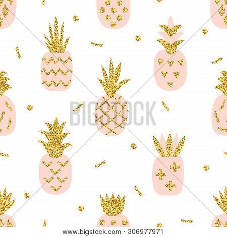 Creative Seamless Pattern Of Pink Pineapple With Gold Glitter Texture. Scandinavian Stylish Backgrou