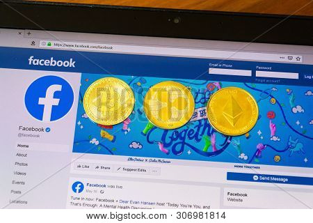 Prague, Czech Republic - June 18 2019: Golden Ripple, Bitcoin And Ethereum Coins Lying On Homepage O