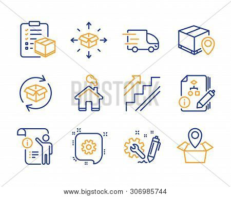 Return Parcel, Algorithm And Stairs Icons Simple Set. Manual Doc, Parcel Delivery And Truck Delivery