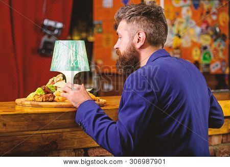 Enjoy Meal. Restaurant Client. Hipster Formal Suit Sit At Bar Counter. Man Received Meal With Fried 