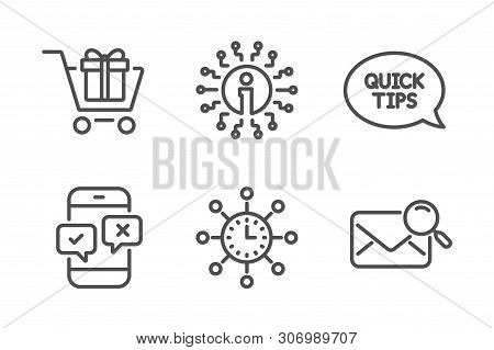 Phone Survey, Quickstart Guide And Info Icons Simple Set. World Time, Shopping Cart And Search Mail 