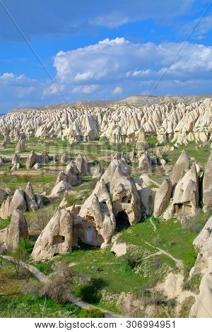 The Photo Was Taken In Turkey In The Spring. The Picture Shows The Ancient Cave Dwellings In The Mou