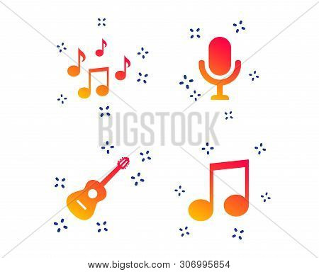 Music Icons. Microphone Karaoke Symbol. Music Notes And Acoustic Guitar Signs. Random Dynamic Shapes