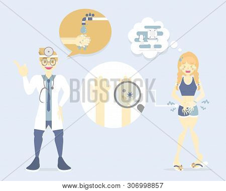 Male Doctor With Woman Touching Belly Having Stomachache, Washing Hands, Health Care Infographic Con