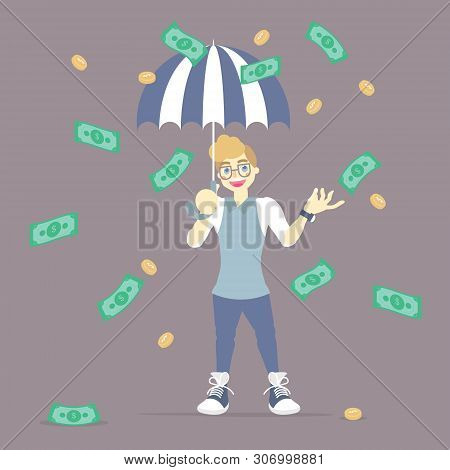 Businessman Holding Umbrella With Falling, Floating Money Concept, Flat Vector Illustration Characte