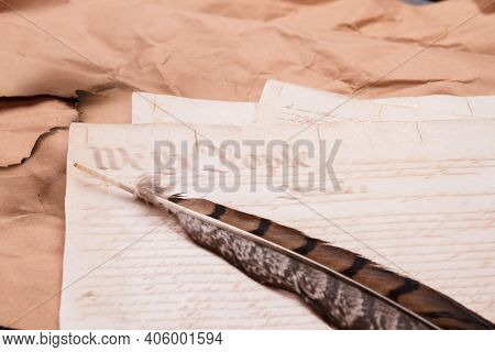 Old Historical Document With Quill. Feater On The Pages Of Ancient Script.