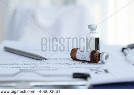 Vaccine Bottle, Medicine, Covid-19 Inhibition Research, Healthcare And Medical Concept