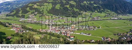 360 Panorama Aerial View Of Zillertal Valley Village In Sunny Summer Afternoon In Tyrol Austria