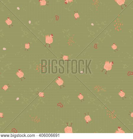 Chickens, Eggs, And Hearts Seamless Vector Pattern. Farm Themed Surface Print Design For Fabrics, St