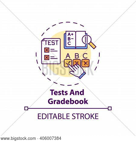 Tests And Gradebook Concept Icon. Online Course Management System Elements. Way To Check Students Kn