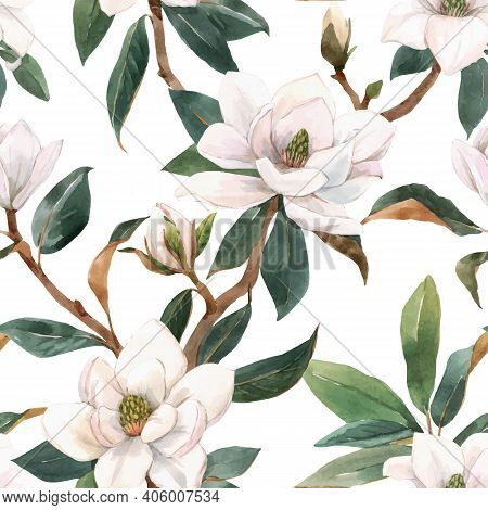 Beautiful Vector Seamless Pattern With Hand Drawn Watercolor White Magnolia Flowers. Stock Illustrat