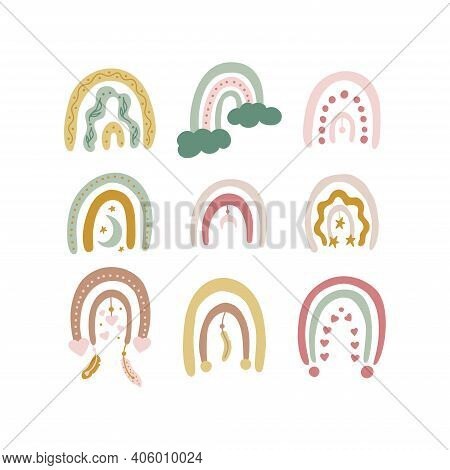 Vector Hand Drawn Collection For Nursery Decoration With Cute Boho Rainbows Pastel Color. Perfect Fo
