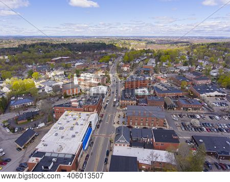 Aerial View Of Historic Center Of Andover On Main Street In Andover, Massachusetts, Ma, Usa.