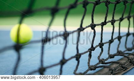 Close Up Of Tennis Equipment On The Court. Sport, Recreation Concept.