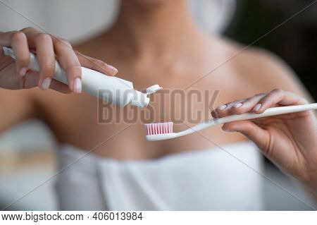 Morning Time, Personal Oral Hygiene, Prevention Caries And Dental Care. Young African American Femal