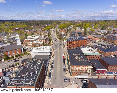 Aerial View Of Historic Center Of Andover On Main Street In Andover, Massachusetts, Ma, Usa.