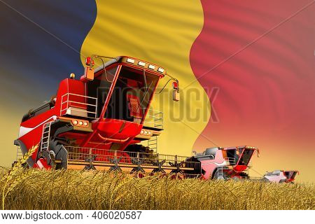 Agricultural Combine Harvester Working On Wheat Field With Romania Flag Background, Food Production 