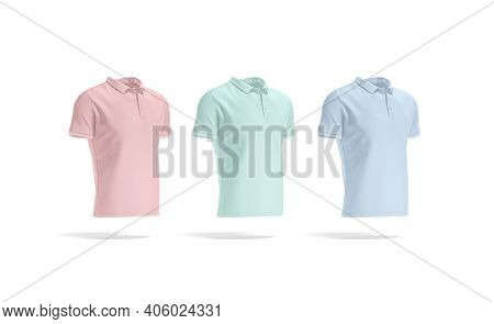 Blank Colored Polo Shirt Mockup Set, Side View, 3d Rendering. Empty Pink, Green And Blue Cotton Polo