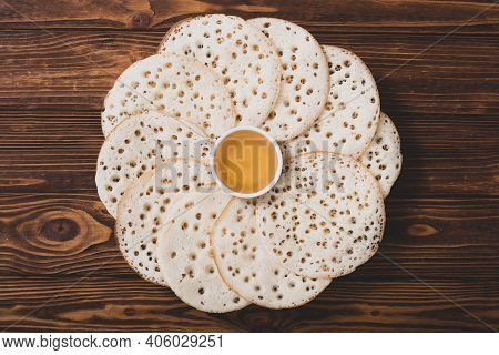Moroccan Traditional Eating . Pancakes With Honey