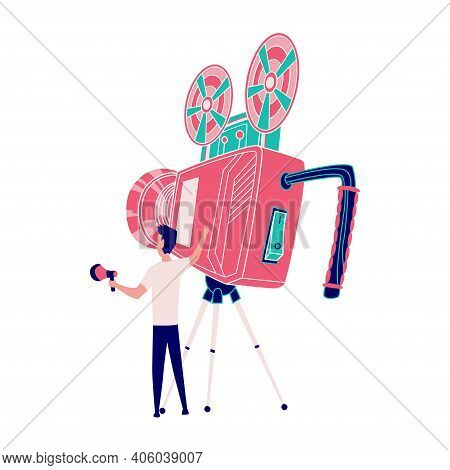 Operator With Camera And Horn. Superhero Films. Movie Shooting And Production Process. Superhero Mov
