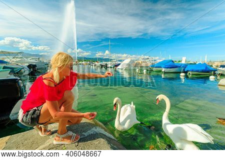 Blonde Tourist Girl Feeding White Swans In Turquoise Waters Of Geneva Lake In Geneva Harbor With 140