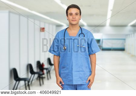 Handsome Caucasian Male Nurse With Short Hair At Vaccination Station Is Ready For Vacinating Patient