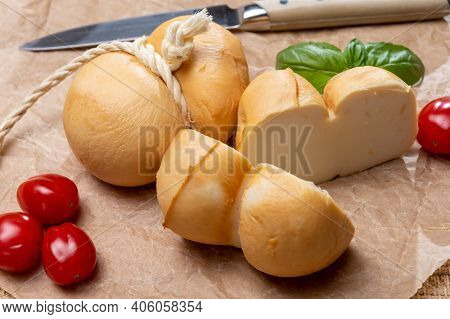 Italian Semi Hard Handmade Smoked Scamorza Cheese, From Cow Milk From Apulia Or Calabria Regions Clo