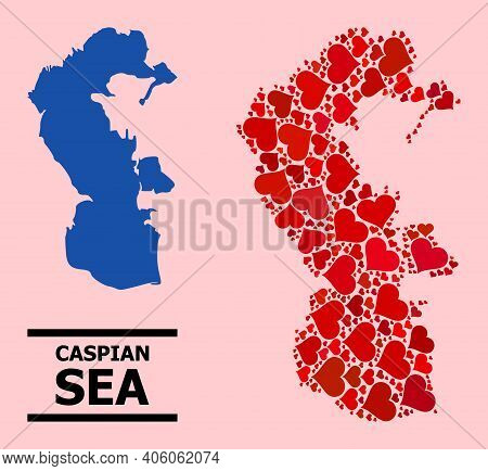 Love Mosaic And Solid Map Of Caspian Sea On A Pink Background. Mosaic Map Of Caspian Sea Is Composed