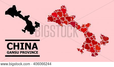 Love Mosaic And Solid Map Of Gansu Province On A Pink Background. Mosaic Map Of Gansu Province Is Co