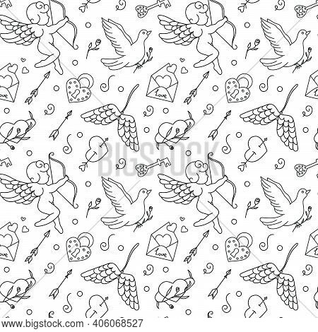 Vector Seamless Pattern With Doves, Arrows And Cupid. Valentine Background For 14 February Celebrati