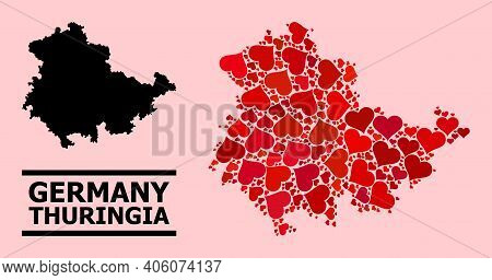 Love Mosaic And Solid Map Of Thuringia State On A Pink Background. Mosaic Map Of Thuringia State Is 