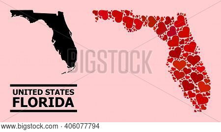 Love Pattern And Solid Map Of Florida State On A Pink Background. Mosaic Map Of Florida State Is Des