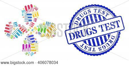 Analysis Test Tubes Multi Colored Curl Flower With 4 Petals, And Blue Round Drugs Test Scratched Sta
