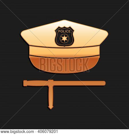 Gold Police Cap And Rubber Baton Icon Isolated On Black Background. Security Truncheons. Police Stic