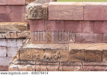 Aihole, Karnataka, India - November 7, 2013: Huchchimalli Gudi Or Temple. Closeup Of Small Brown Sto