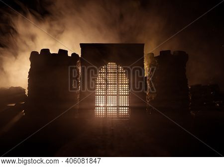 Medieval Battle Scene. Silhouettes Of Figures As Separate Objects, Fight Between Warriors At Night.