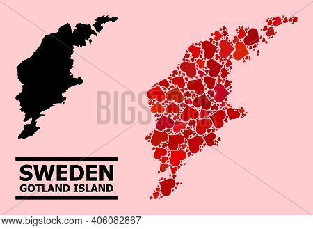 Love Collage And Solid Map Of Gotland Island On A Pink Background. Collage Map Of Gotland Island Is 