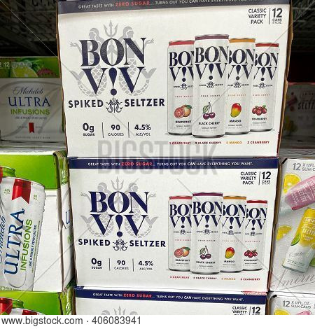 Cases Of Bon Viv Hard Spiked Seltzer Alcohol Beverages At A Sams Club Store.