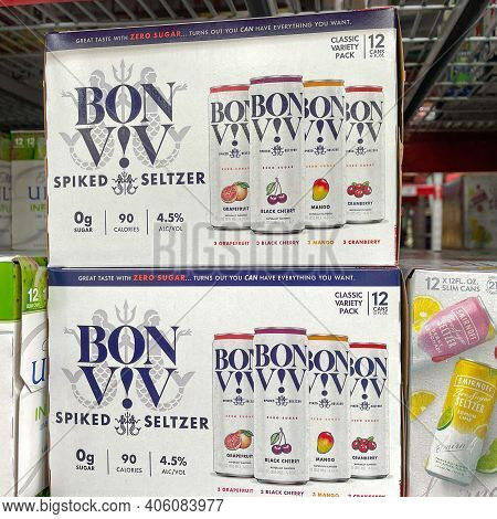 Cases Of Bon Viv Hard Spiked Seltzer Alcohol Beverages At A Sams Club Store.