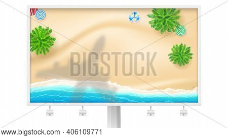 Shadow Of Plane Under Tropical Beach. Billboard With Palms And Seashore. Top-down View. Flat-lay Cre
