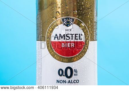 Tyumen, Russia-december 10, 2020: Amstel Premium Pilsener Beer Can Logo Of Non-alcoholic Beer Close-