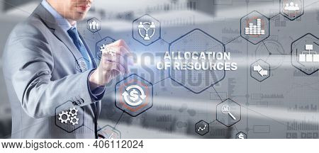 Allocation Of Resources Concept On Virtual 3d Screen. Strategic Planning.