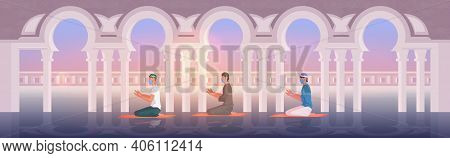 Religious Muslim Men In Masks Praying Ramadan Kareem Holy Month Religion Coronavirus Pandemic Quaran
