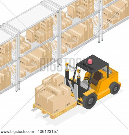 Isometric Forklift Loading Pallets With Boxes. Cargo Industry Tracking Service Concept. Vector 3d St