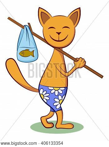 Funny Cartoon Cat With Fish, Isolated On White Background. Vector